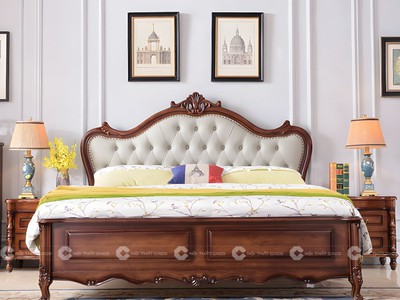 Giường Ngủ Gỗ Tự Nhiên Tân Cổ Điển Đầu Bọc Nệm 1
