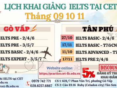 Lịch học ielts tại cet năm 2025 tại tân phú 0