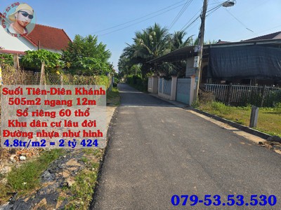 Đất đẹp suối tiên diên khánh, khánh hòa   diện tích 505m  có 60m  thổ cư, đường nhựa 6m, gần khu đô 0