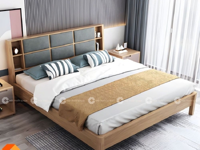 Giường Ngủ Gỗ Tự Nhiên Chân Thấp Bọc Nệm Sang Trọng 0