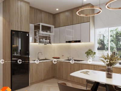 Tủ Bếp Gỗ Công Nghiệp Chữ L Phối Màu Nâu Vân Gỗ Hiện Đại 2