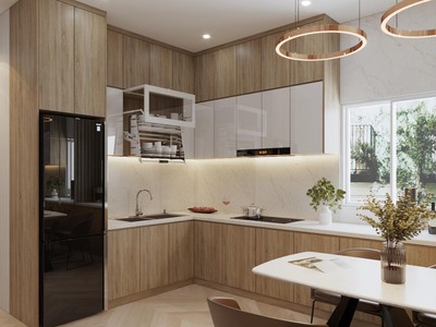 Tủ Bếp Gỗ Công Nghiệp Chữ L Phối Màu Nâu Vân Gỗ Hiện Đại 0