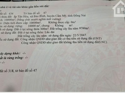 Bán đất vườn   dt: 1 ha   giá: 4 tỉ 7 - bảo bình, cẩm mỹ 1
