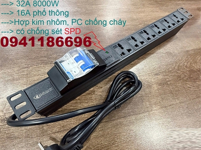 Ổ điện thanh nguồn chống sét PDU 6 cổng Hãng Anrack, có atomat 32A chống giật kèm dây nguồn 2M 0