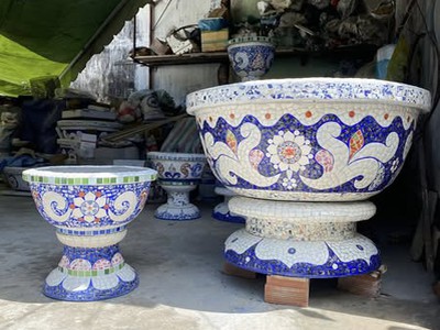 Chậu đắp tay , cẩn miểng chén dĩa, khảm mảnh sành sứ thủ công mỹ nghệ 7
