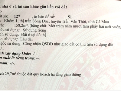 Bán nhà thị trấn sông đốc, trần văn thời, tỉnh cà mau: dt: 4-4,2m x 38m. 2
