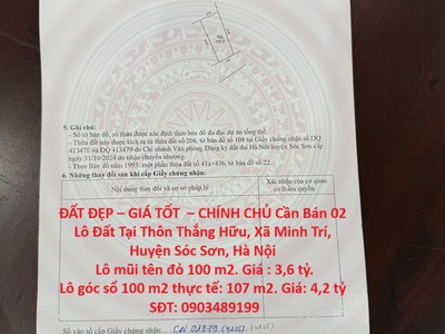 Đất đẹp   giá tốt    chính chủ cần bán 02 lô đất tại thôn thắng hữu, xã minh trí, huyện sóc sơn, hà 0