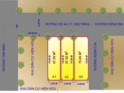 Mở bán 3 lô đất mặt tiền đường 44, hiệp bình chánh. dt 4,5x15. giá chỉ 6,75 tỷ tl 0