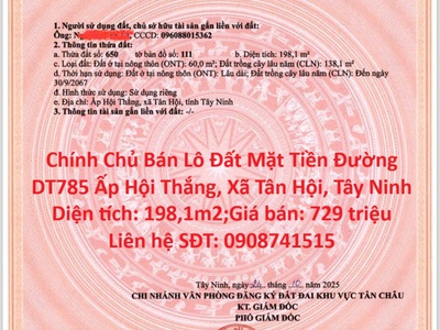 Chính chủ bán lô đất mặt tiền đường dt785 ấp hội thắng, xã tân hội, tây ninh 0