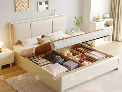 Giường Ngủ Gỗ Tự Nhiên Màu Trắng Bọc Đầu Nệm Hiện Đại 1