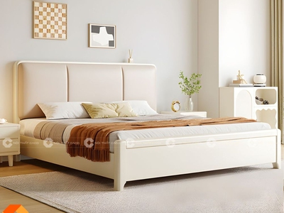 Giường Ngủ Gỗ Tự Nhiên Màu Trắng Bọc Đầu Nệm Hiện Đại 0