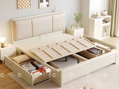Giường Ngủ Gỗ Tự Nhiên Màu Trắng Bọc Đầu Nệm Hiện Đại 2