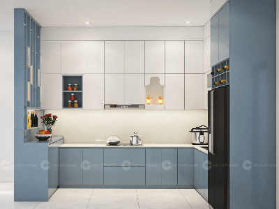 Tủ Bếp MDF Phủ Melamine Kết Hợp Kệ Trang Trí Tiện Lợi 0