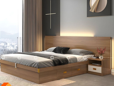 Giường Ngủ Gỗ Công Nghiệp Màu Nâu Vân Gỗ Có Hộc Kéo 0