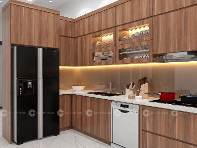 Tủ Bếp Gỗ Công Nghiệp MDF Chữ U Phủ Melamine Vân Gỗ Nâu 2