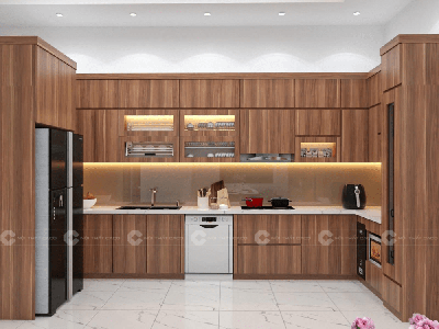 Tủ Bếp Gỗ Công Nghiệp MDF Chữ U Phủ Melamine Vân Gỗ Nâu 1
