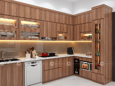 Tủ Bếp Gỗ Công Nghiệp MDF Chữ U Phủ Melamine Vân Gỗ Nâu 0