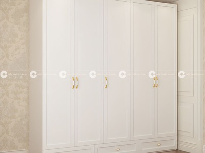 Tủ Quần Áo Gỗ MDF Màu Trắng 5 Cánh Kèm Hộc Kéo 0