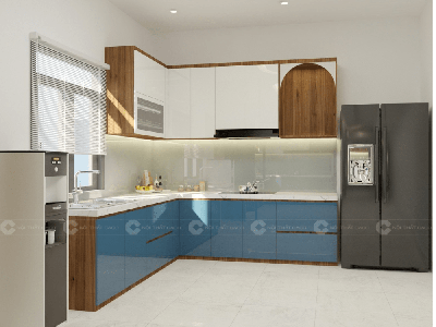 Tủ Bếp MDF Lõi Xanh Phủ Melamine Màu Xanh Phối Trắng 1