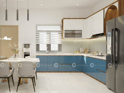 Tủ Bếp MDF Lõi Xanh Phủ Melamine Màu Xanh Phối Trắng 0