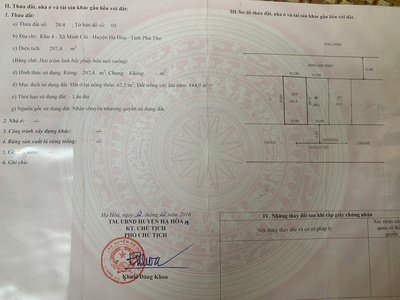 Bán lô đất 207,4m2  thổ cư 62,5m,144,9 m  đất trồng cây lâu năm, mặt tiền 10m  tại khu 4  minh côi 0