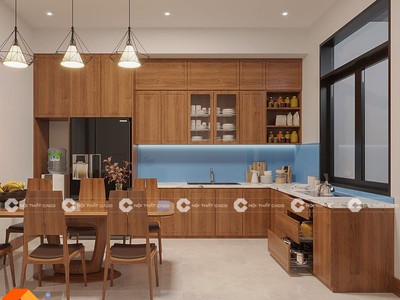 Tủ Bếp Gỗ Sồi Chữ L Sang Trọng Khoang Kệ Thông Minh 1