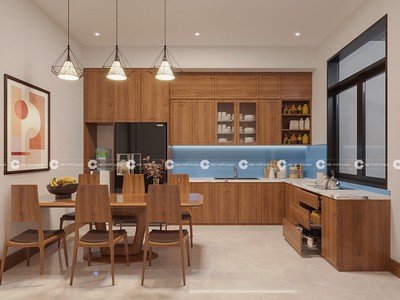 Tủ Bếp Gỗ Sồi Chữ L Sang Trọng Khoang Kệ Thông Minh 0