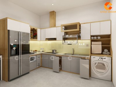 Tủ Bếp Gỗ Công Nghiệp Chữ L Chia Khoang Kệ Thông Minh 1