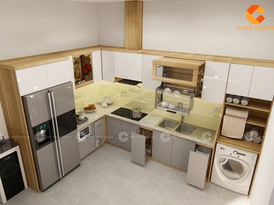 Tủ Bếp Gỗ Công Nghiệp Chữ L Chia Khoang Kệ Thông Minh 0