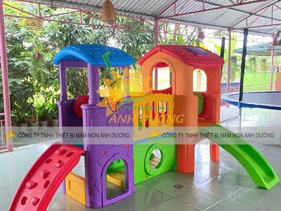Cầu trượt 2 khối nhà,hàng rào nhựa mầm non,nhà leo cầu trượt 2 khối 0