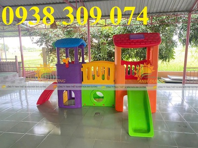 Cầu trượt 2 khối nhà,hàng rào nhựa mầm non,nhà leo cầu trượt 2 khối 1