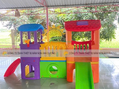 Cầu trượt 2 khối nhà,hàng rào nhựa mầm non,nhà leo cầu trượt 2 khối 3