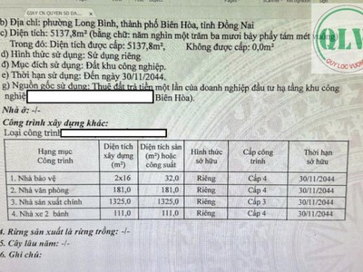 Bán nhà xưởng   KCN LONG BÌNH  LOTECO , BH, ĐN   5.138m 0