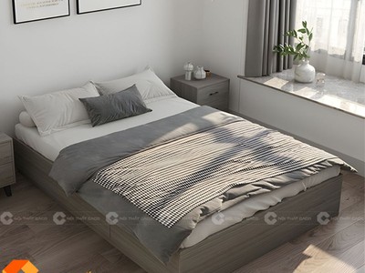 Giường Ngủ Gỗ Công Nghiệp Có Hộc Kéo Màu Xám Hiện Đại 2