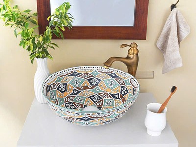 Bồn rửa mặt lavabo sứ hoa văn màu hồng, xanh, đen, vàng... đẹp giá rẻ HD-LBS01 13