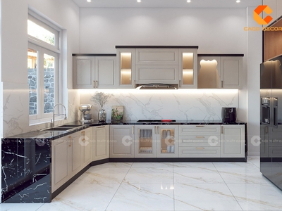 Tủ Bếp Gỗ Công Nghiệp Chữ L Phong Cách Tân Cổ Điển 1