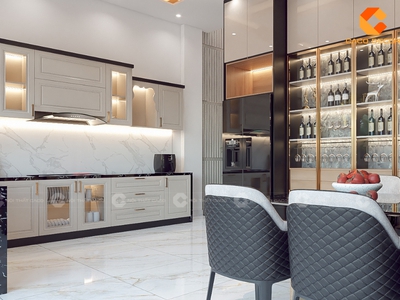 Tủ Bếp Gỗ Công Nghiệp Chữ L Phong Cách Tân Cổ Điển 0