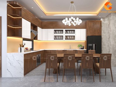 Tủ Bếp Gỗ Công Nghiệp Chữ L Vân Gỗ Nâu Sang Trọng 1