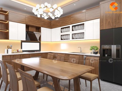 Tủ Bếp Gỗ Công Nghiệp Chữ L Vân Gỗ Nâu Sang Trọng 0