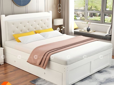 Giường Ngủ Gỗ Tự Nhiên Bọc Đầu Nệm Sơn Trắng Hiện Đại 0