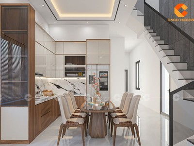 Tủ Bếp Gỗ Công Nghiệp Chữ L Màu Nâu Gỗ Phối Trắng Tinh Tế 2