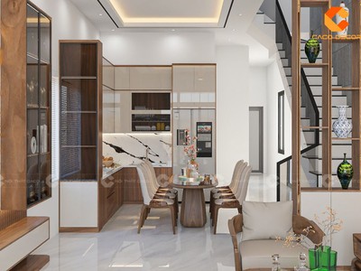 Tủ Bếp Gỗ Công Nghiệp Chữ L Màu Nâu Gỗ Phối Trắng Tinh Tế 1