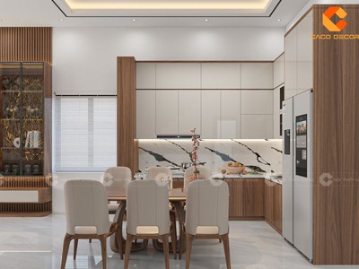 Tủ Bếp Gỗ Công Nghiệp Chữ L Màu Nâu Gỗ Phối Trắng Tinh Tế 0