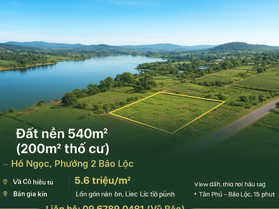 Đất Nền 540M 200M Thổ cư HỒ NGỌC, PHƯỜNG 2 BẢO LỘC 0
