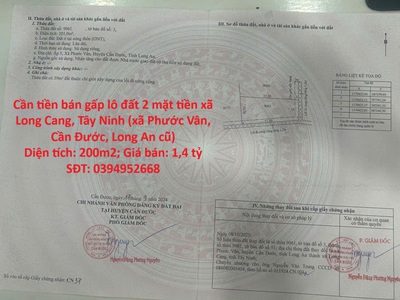 Cần tiền bán gấp lô đất 2 mặt tiền xã phước vân, cần đước, long an, dt 200m2, giá đầu tư 0