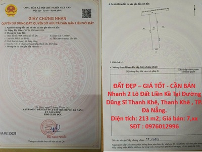 Đất đẹp giá tốt - cần bán nhanh 2 lô đất liền kề tại đường dũng sĩ thanh khê, thanh khê , tp. đà 0