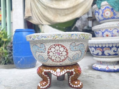 Chậu khảm miểng , cẩn miểng chén dĩa , đắp sành sứ thủ công mỹ nghệ Thủ Đức 9