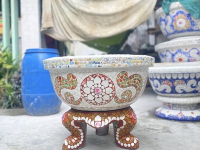 Chậu khảm miểng , cẩn miểng chén dĩa , đắp sành sứ thủ công mỹ nghệ Thủ Đức 11