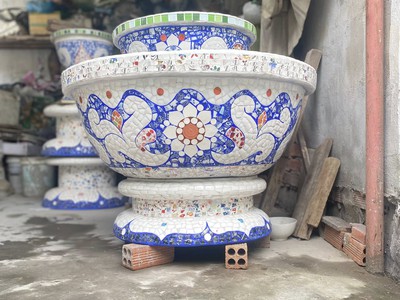 Chậu khảm miểng , cẩn miểng chén dĩa , đắp sành sứ thủ công mỹ nghệ Thủ Đức 5