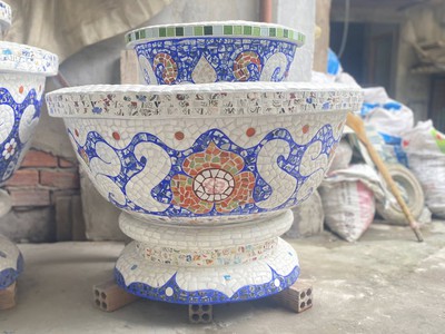 Chậu khảm miểng , cẩn miểng chén dĩa , đắp sành sứ thủ công mỹ nghệ Thủ Đức 7